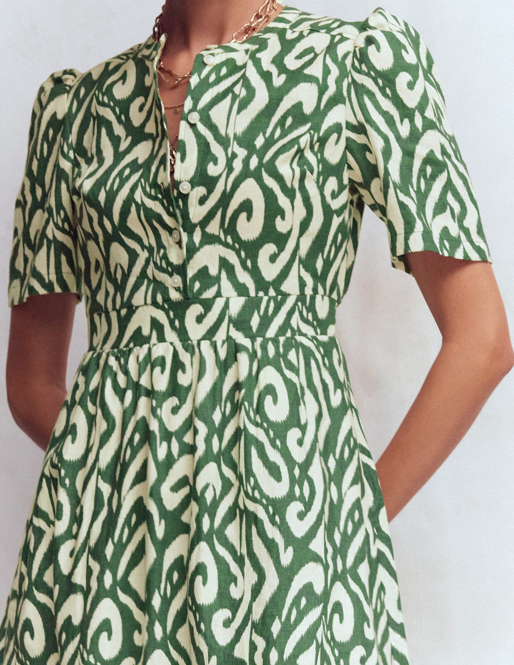 Ivy Placket Linen Midi Dress-Hunter Green Ikat