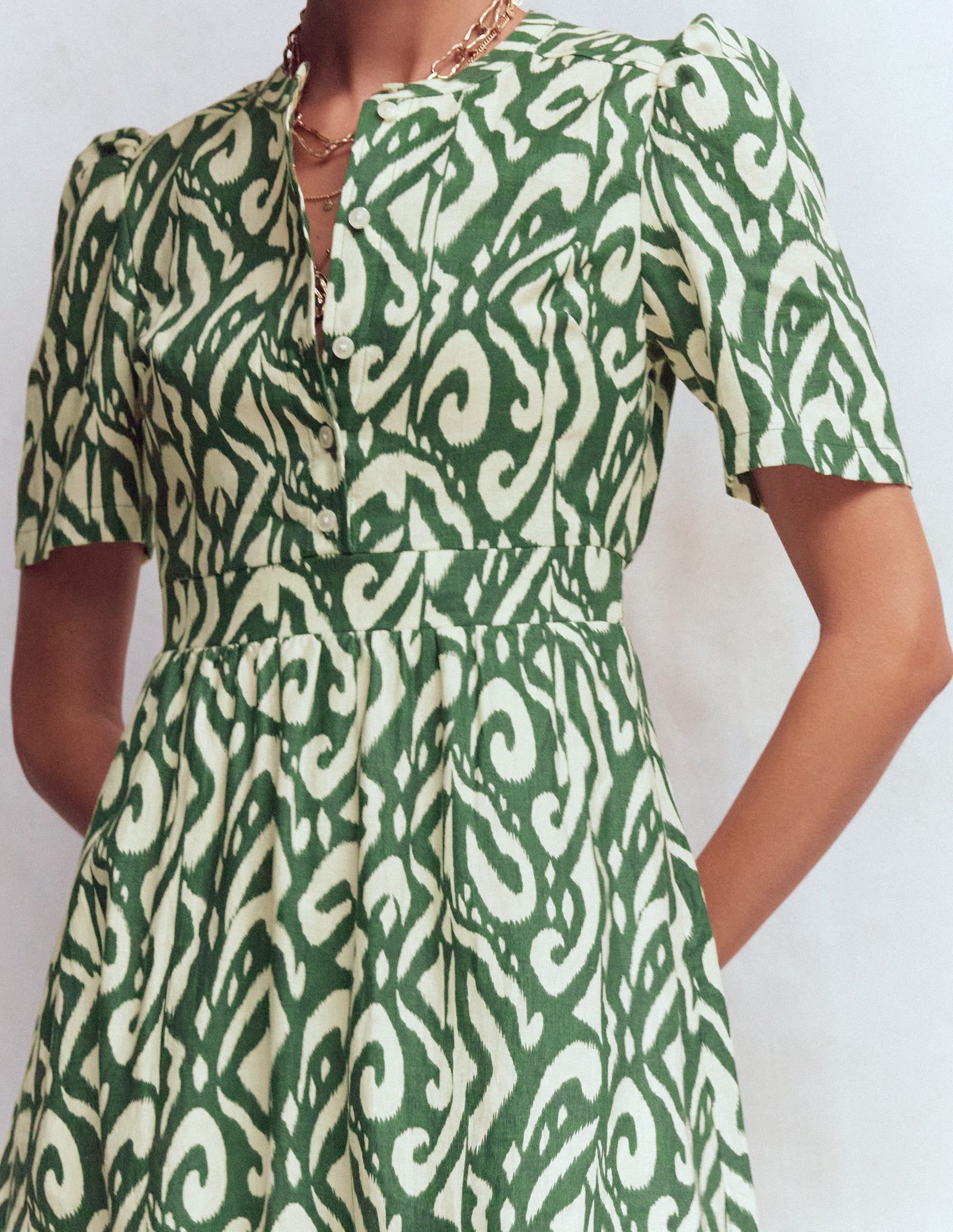 Ivy Placket Linen Midi Dress-Hunter Green Ikat