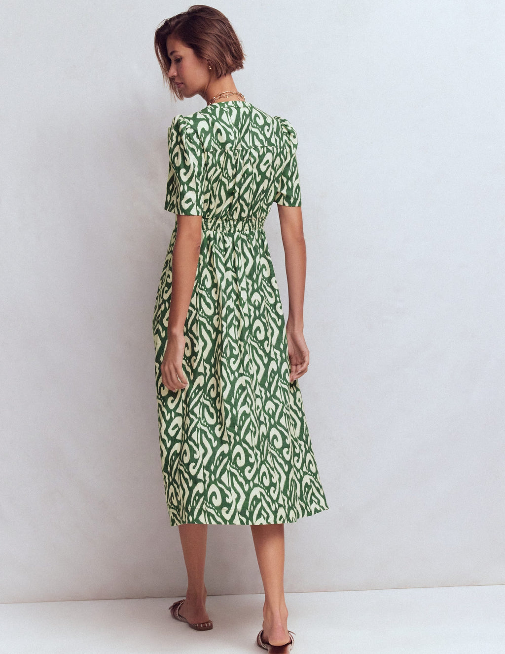 Ivy Placket Linen Midi Dress-Hunter Green Ikat