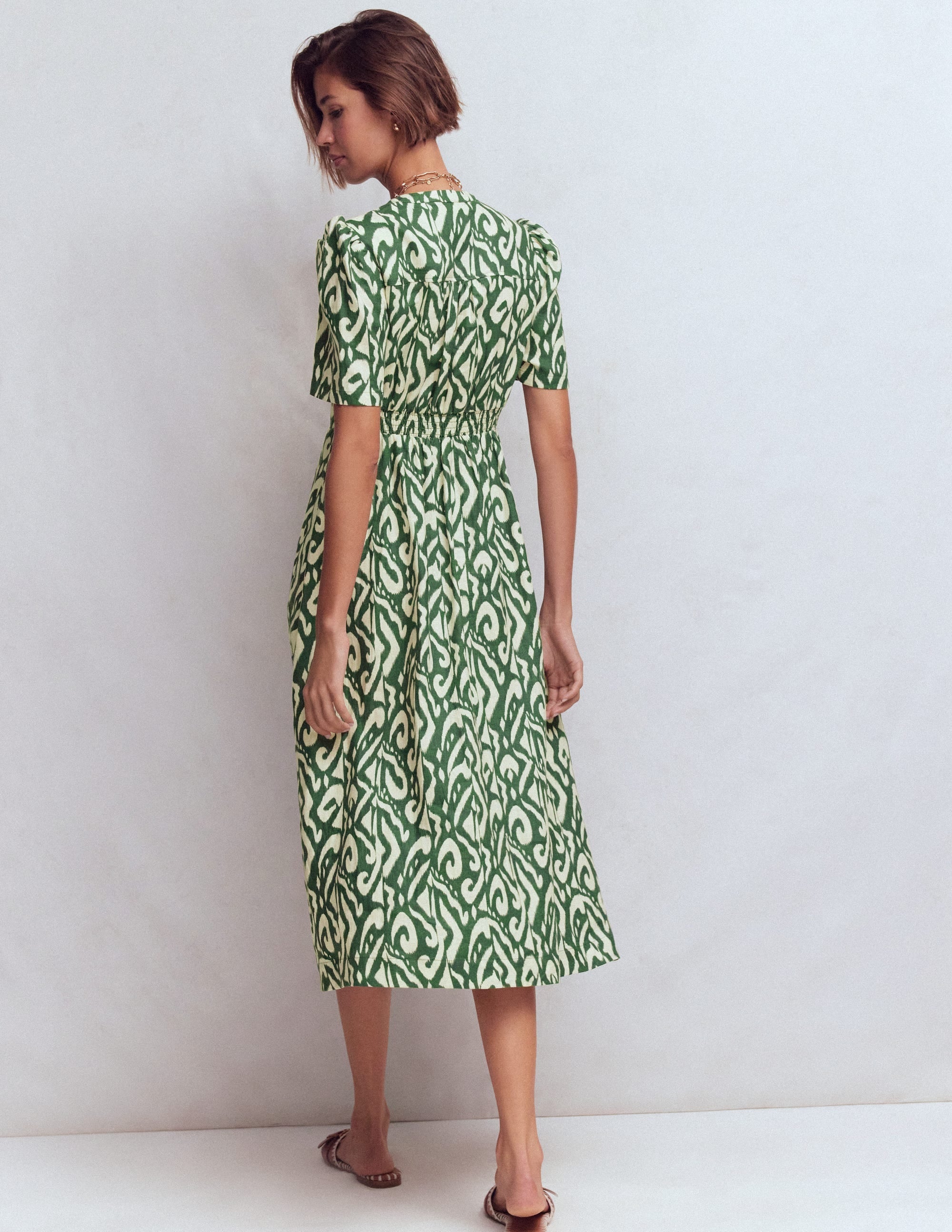 Ivy Placket Linen Midi Dress-Hunter Green Ikat