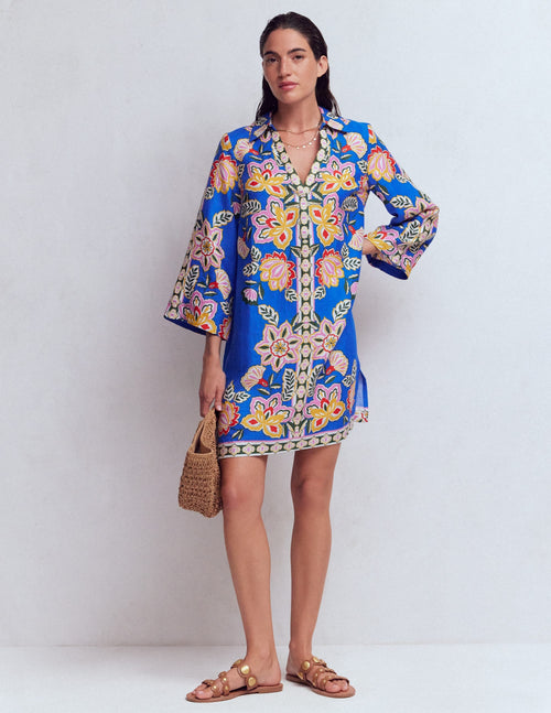 Carmen Linen Short Dress-Blue Blossom Elegance