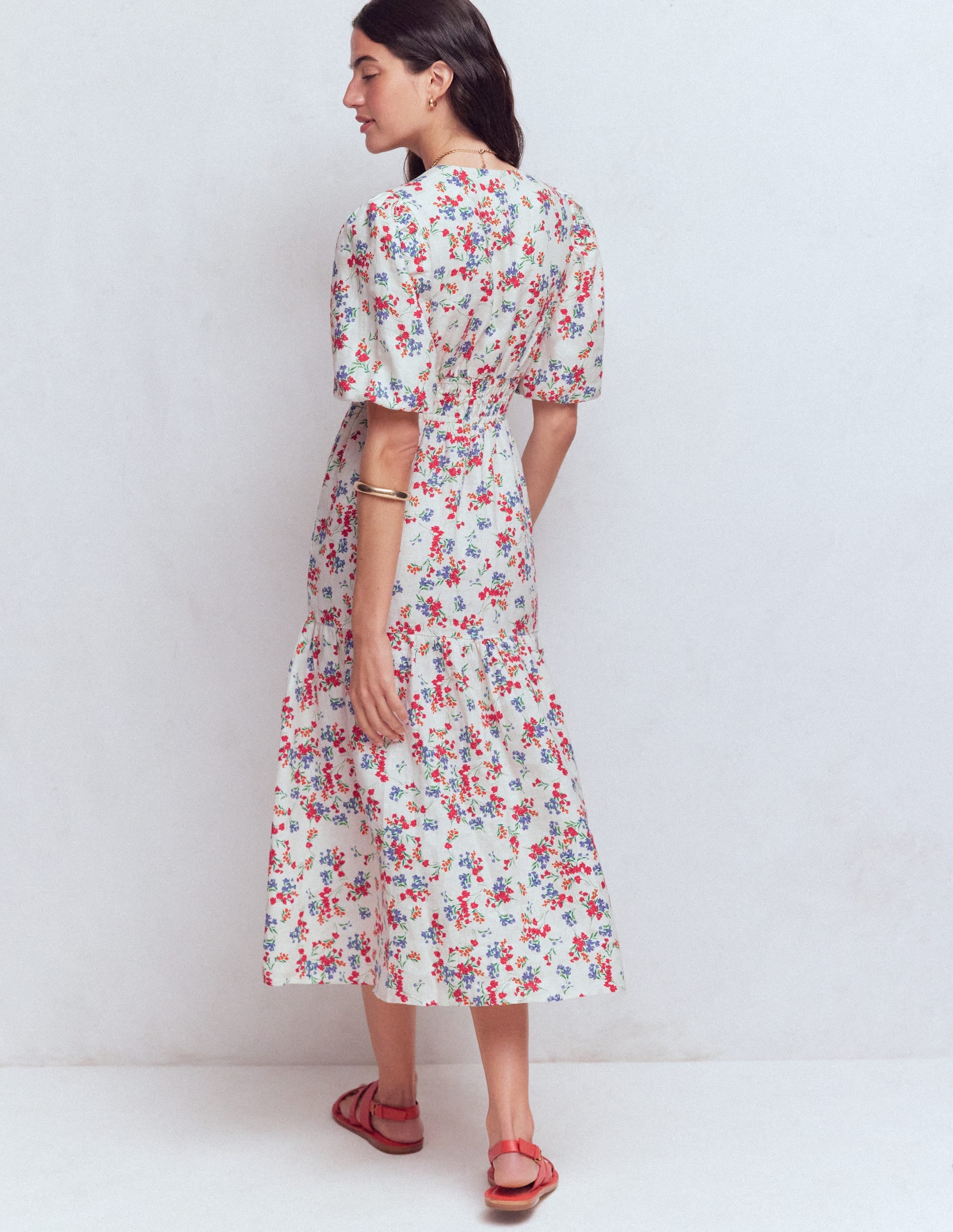 Irene Linen Midi Dress-Ivory, Bloom Scatter