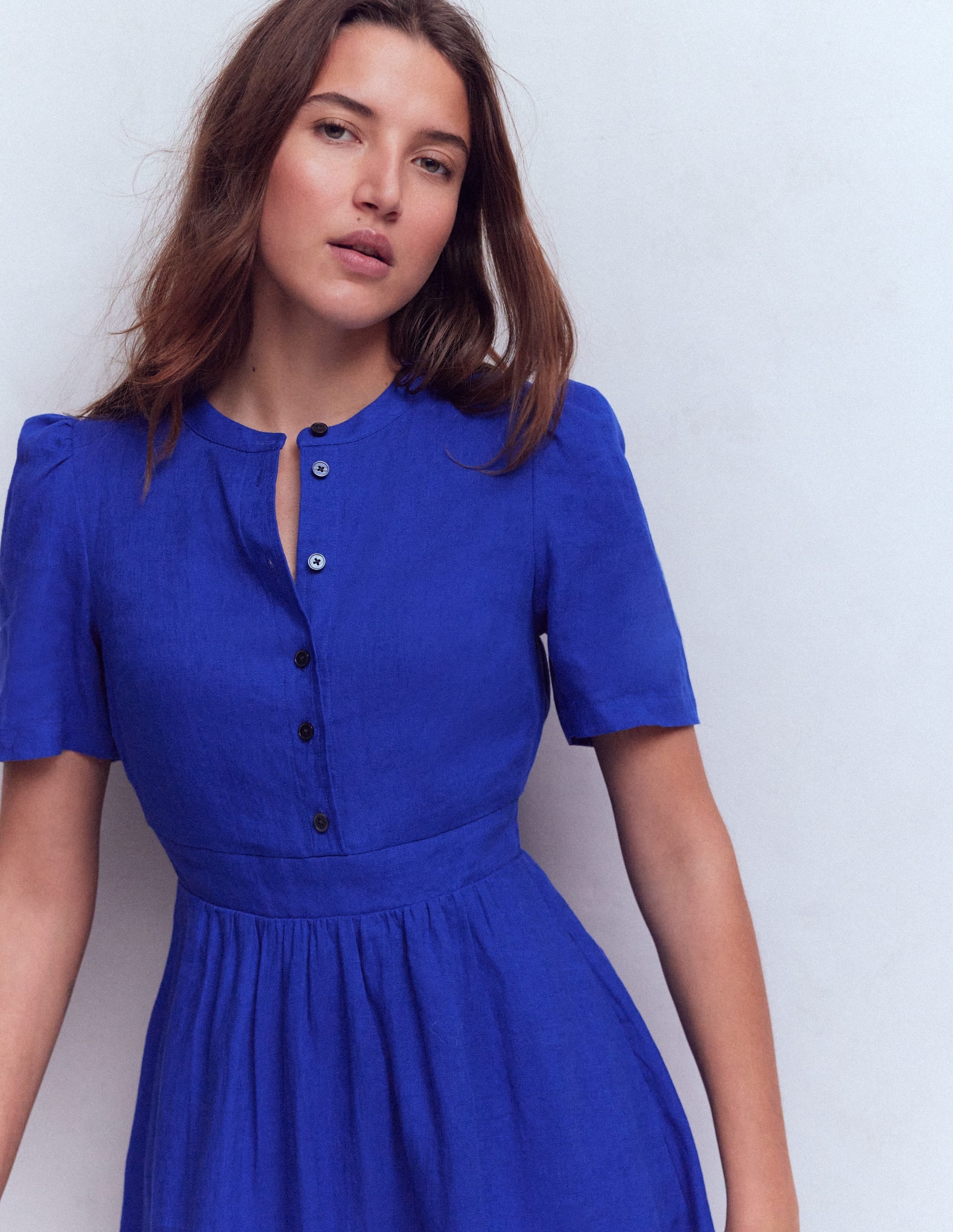Ivy Placket Linen Midi Dress-Bright Blue