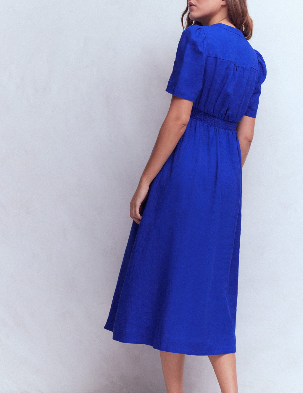 Ivy Placket Linen Midi Dress-Bright Blue