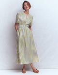 Ivy Placket Linen Midi Dress-Olive, Ivory Stripe
