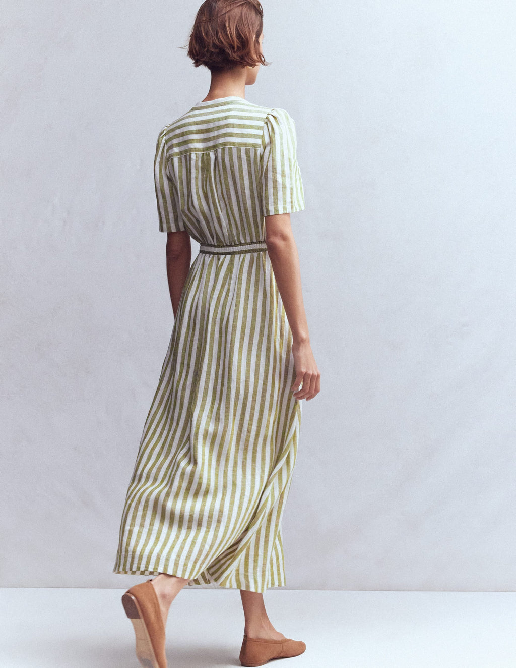 Ivy Placket Linen Midi Dress-Olive, Ivory Stripe