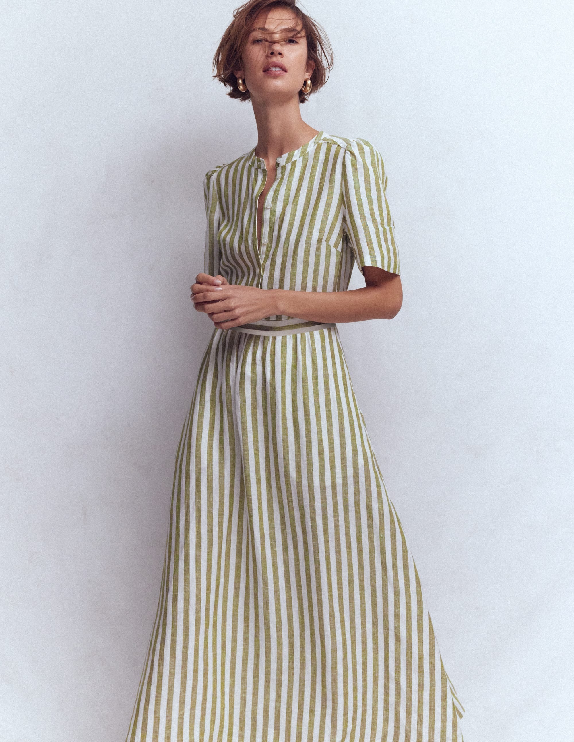 Ivy Placket Linen Midi Dress-Olive, Ivory Stripe