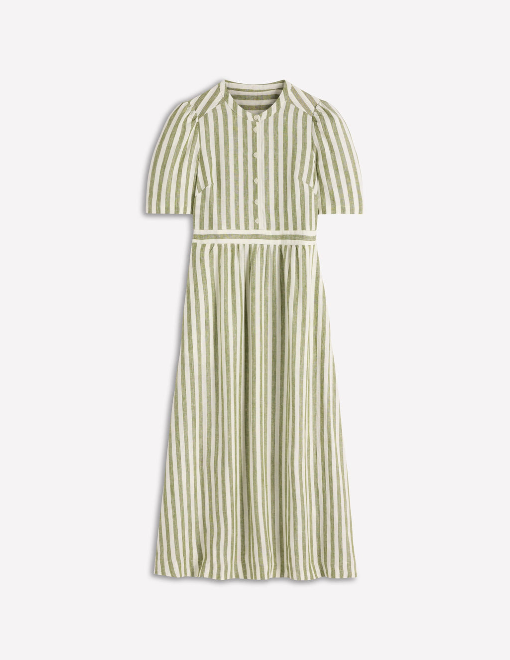 Ivy Placket Linen Midi Dress-Olive, Ivory Stripe
