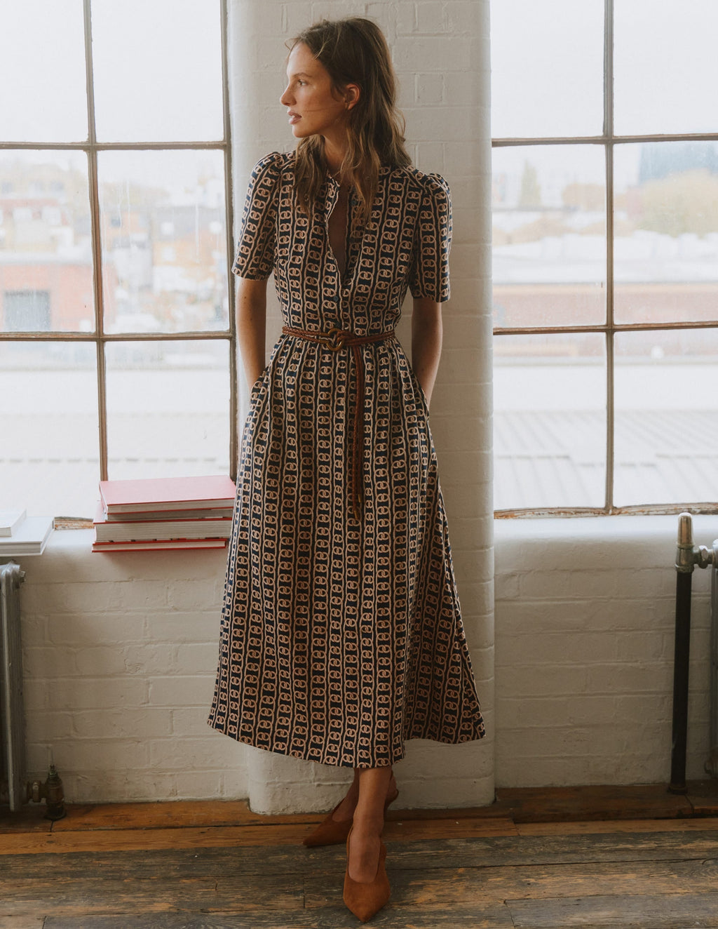 Ivy Placket Linen Midi Dress-French Navy, Rope Trellis