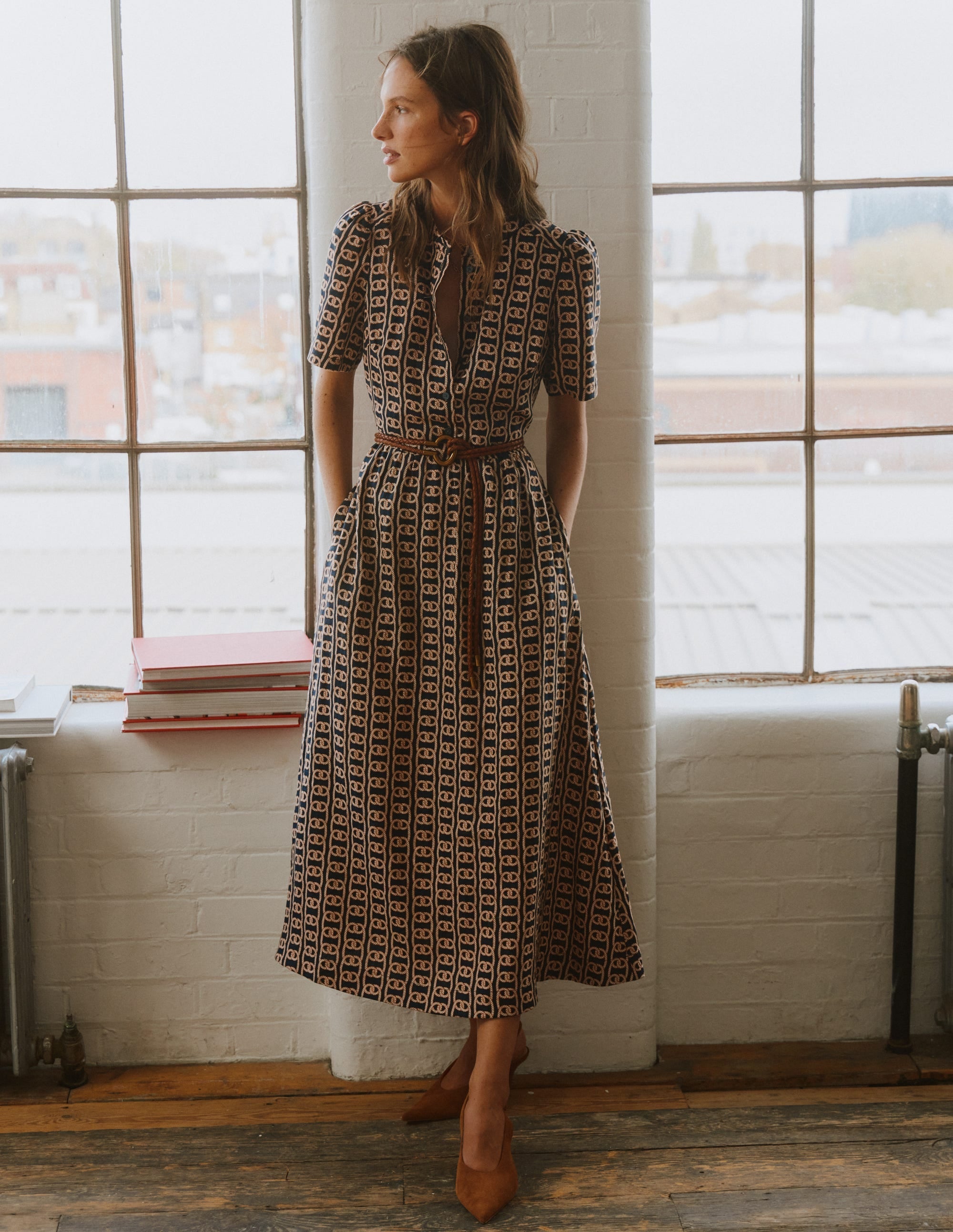 Ivy Placket Linen Midi Dress-French Navy, Rope Trellis