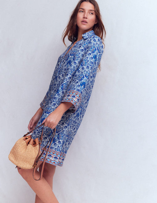 Carmen Linen Short Dress-Bright Blue, Elaborate Terrace