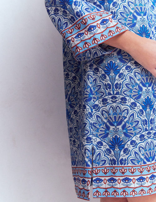 Carmen Linen Short Dress-Bright Blue, Elaborate Terrace