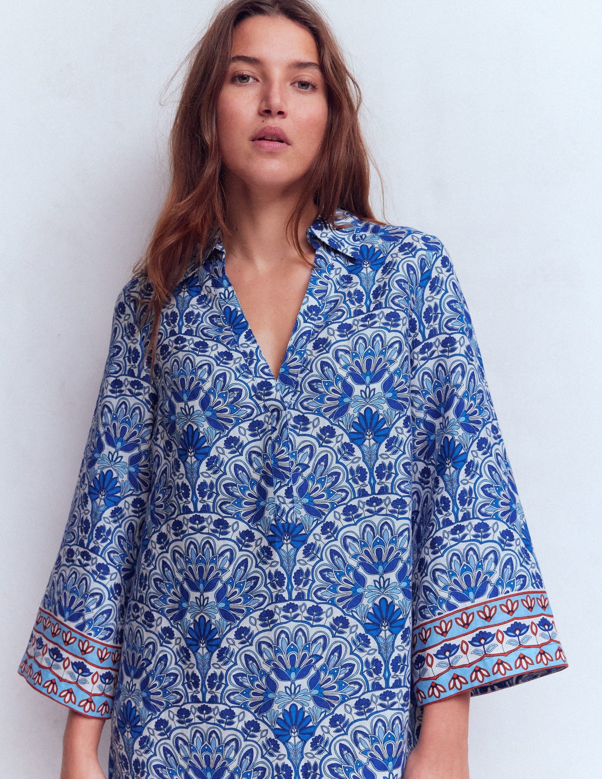 Carmen Linen Short Dress-Bright Blue, Elaborate Terrace