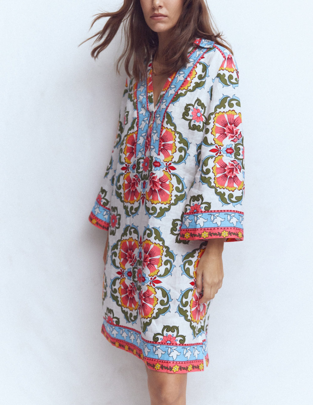 Carmen Linen Short Dress-Multi, Ornamental Trellis