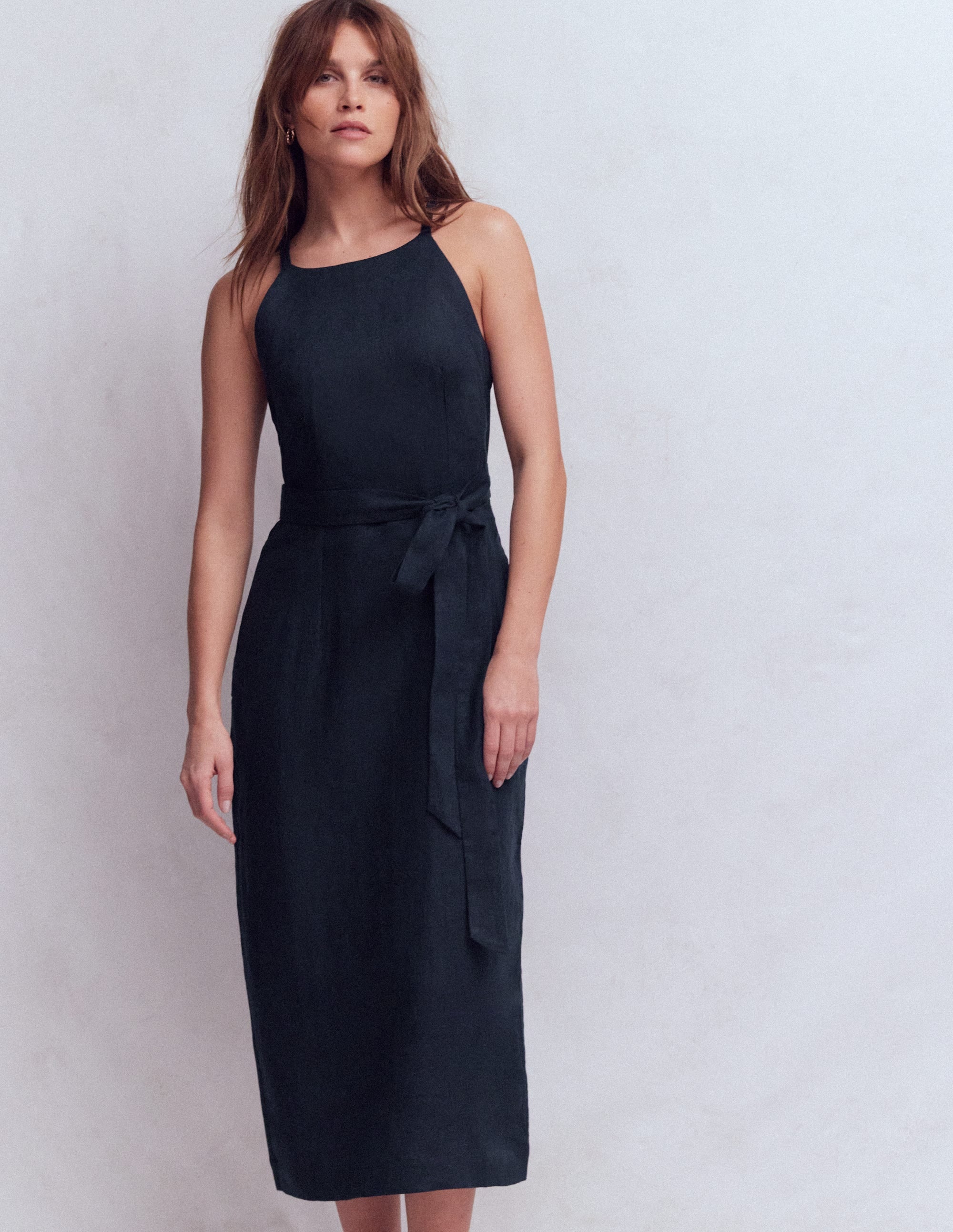 Rosa Halter Linen Midi Dress-Navy