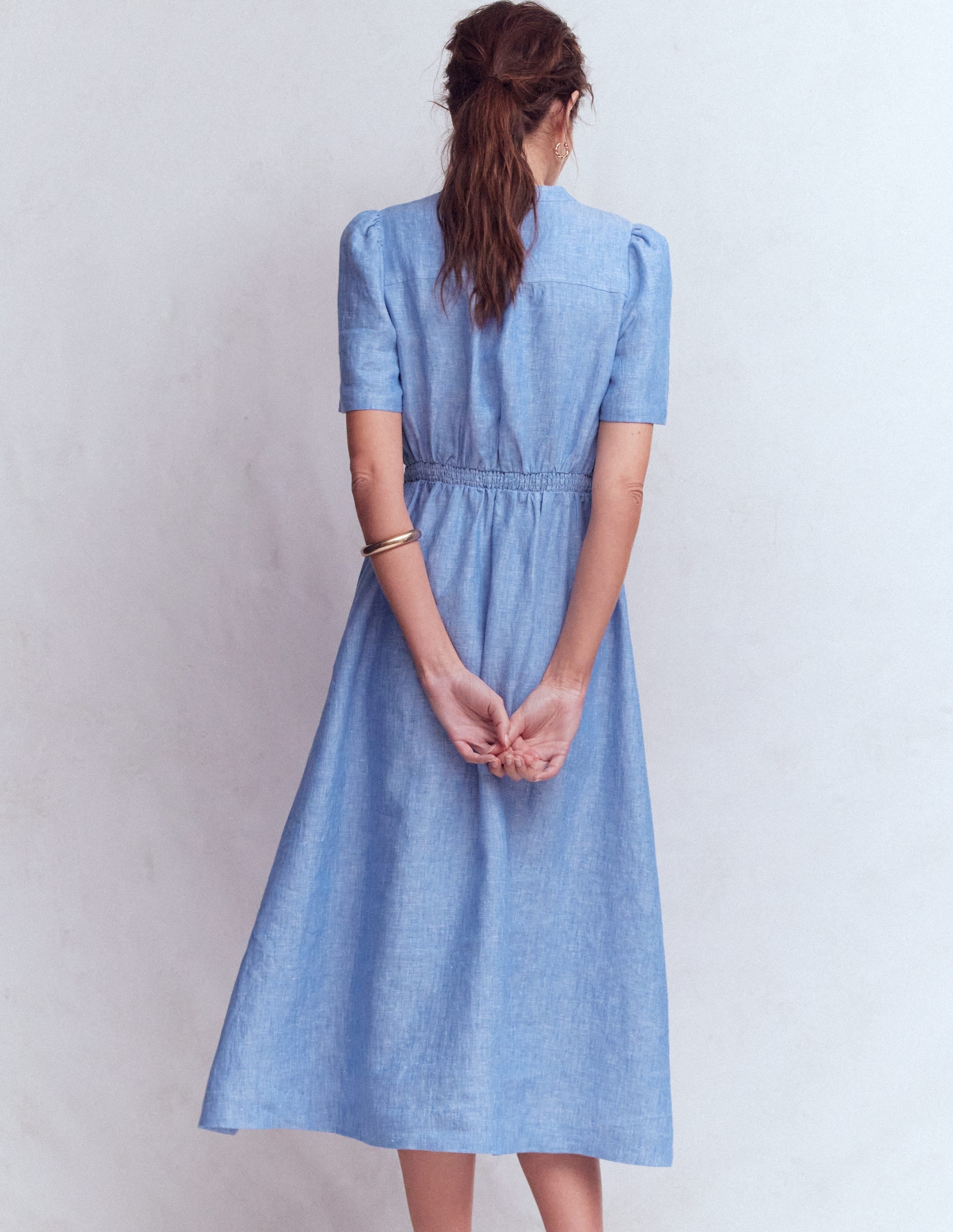 Ivy Placket Linen Midi Dress-Summer Blue Chambray