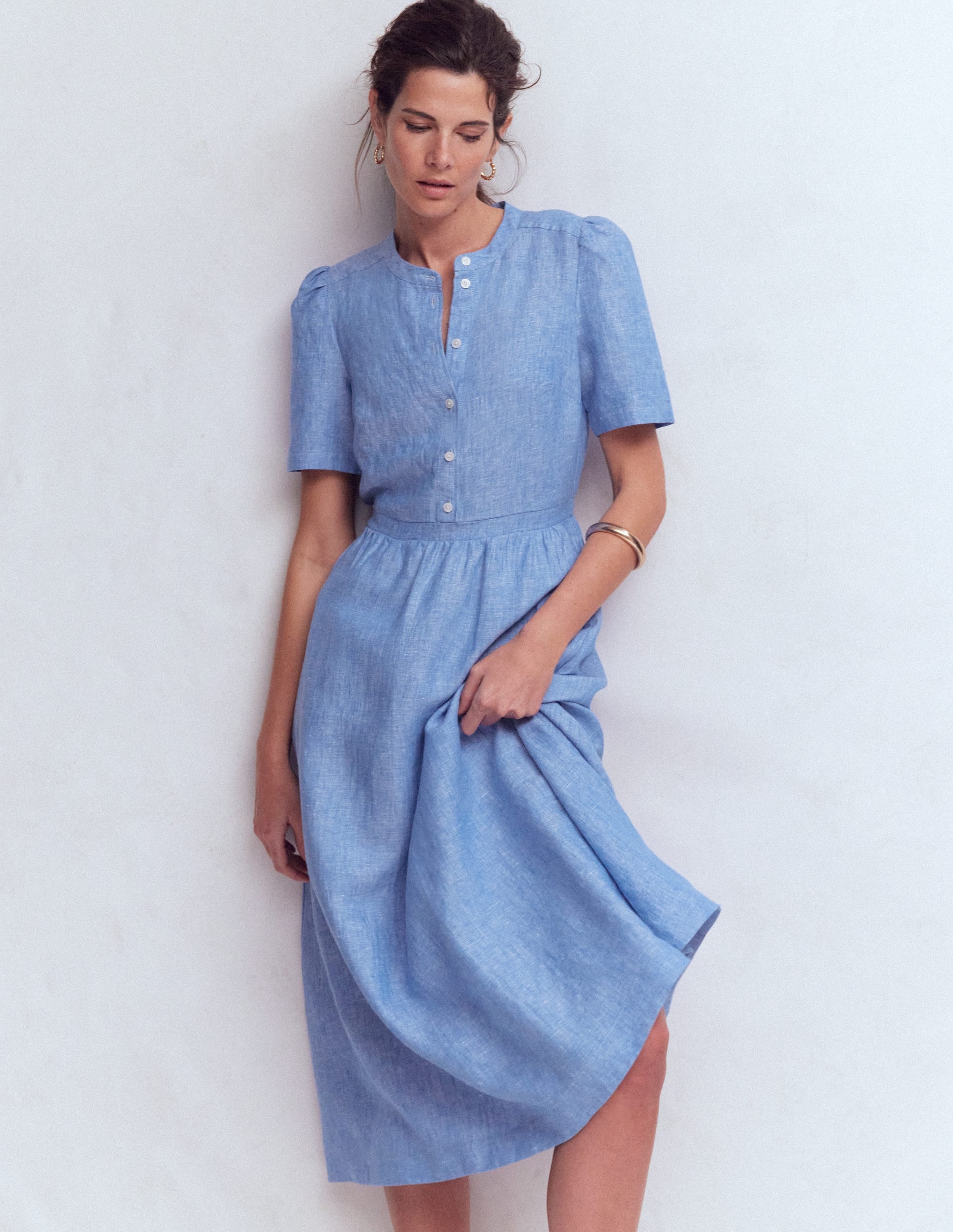Ivy Placket Linen Midi Dress-Summer Blue Chambray