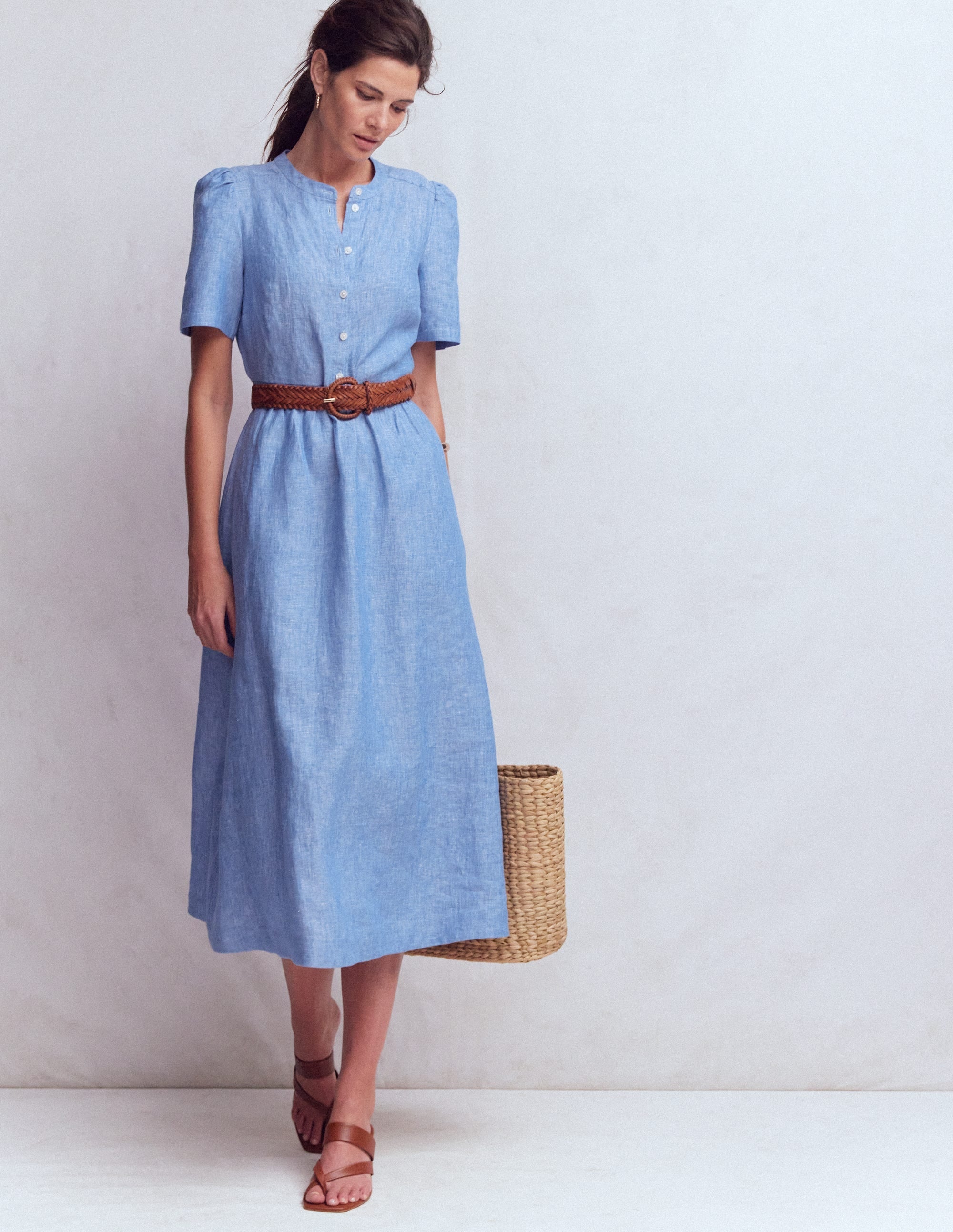 Ivy Placket Linen Midi Dress-Summer Blue Chambray