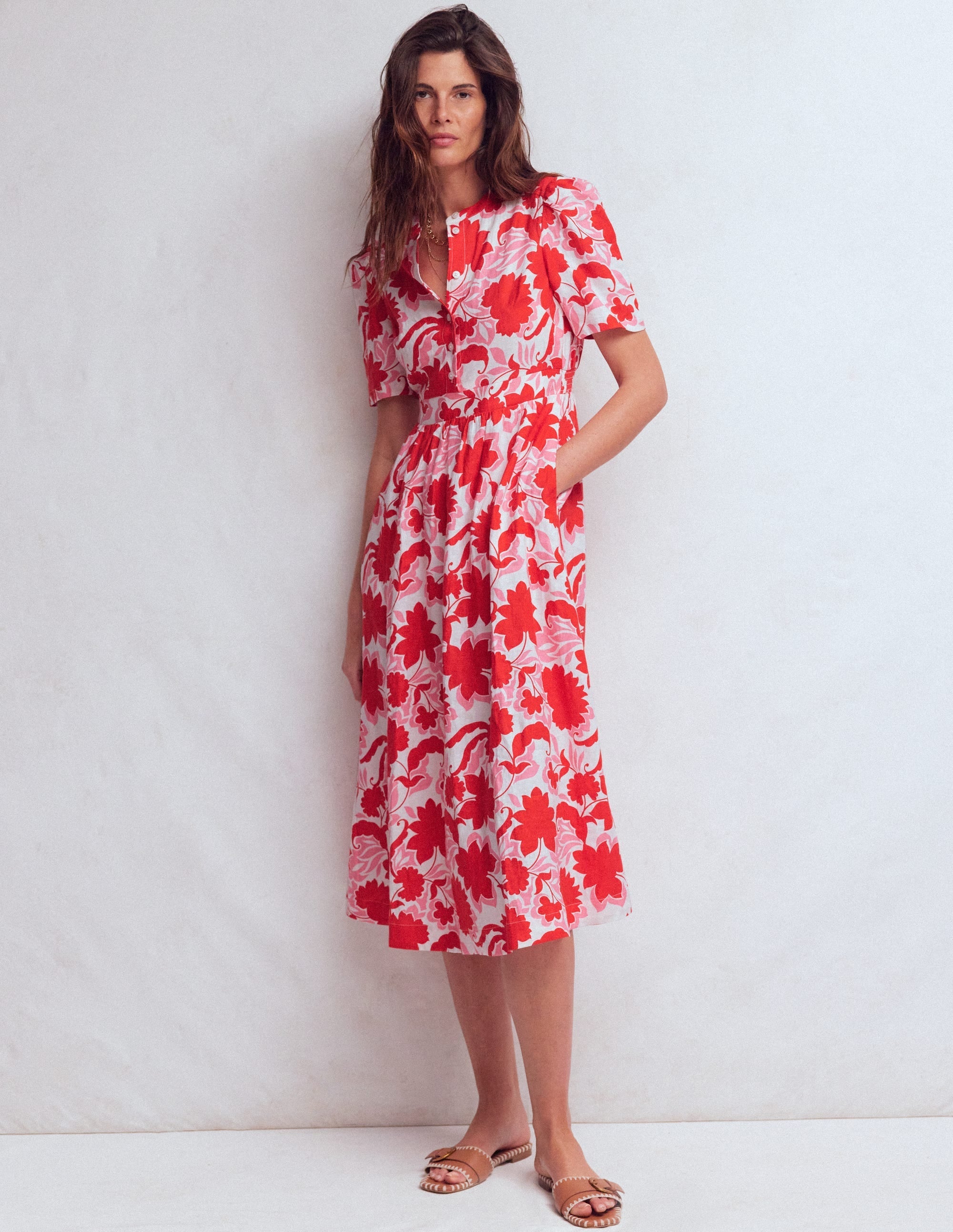 Ivy Placket Linen Midi Dress-Red Shadow Blossom
