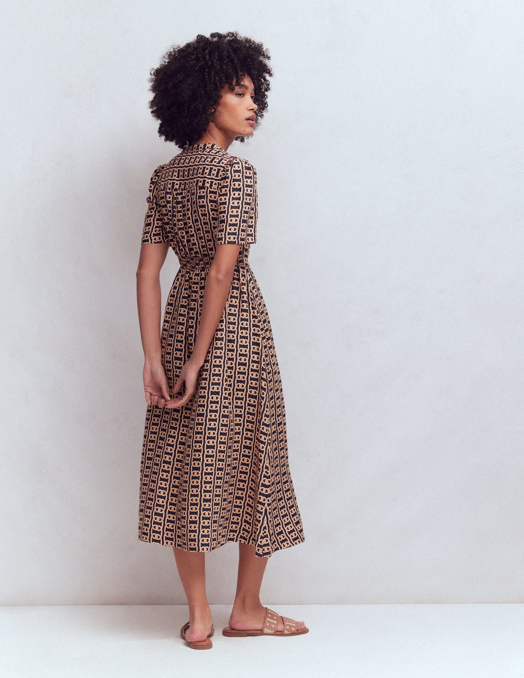 Ivy Placket Linen Midi Dress-French Navy, Rope Trellis