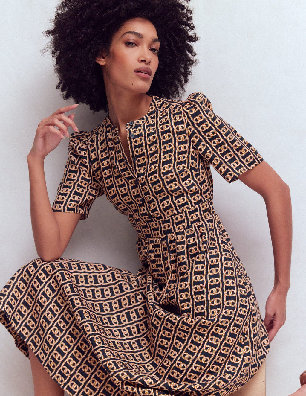 Ivy Placket Linen Midi Dress-French Navy, Rope Trellis