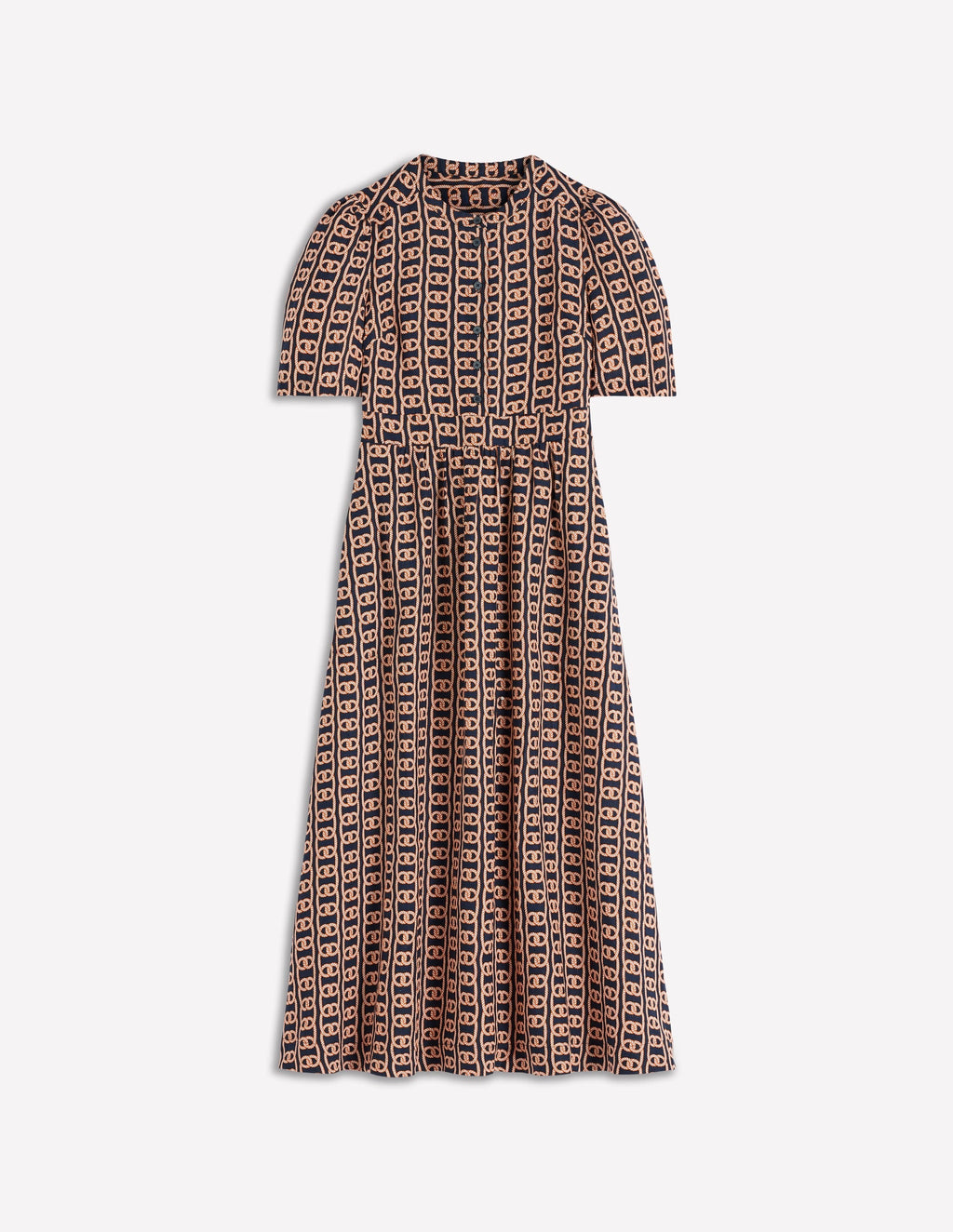 Ivy Placket Linen Midi Dress-French Navy, Rope Trellis