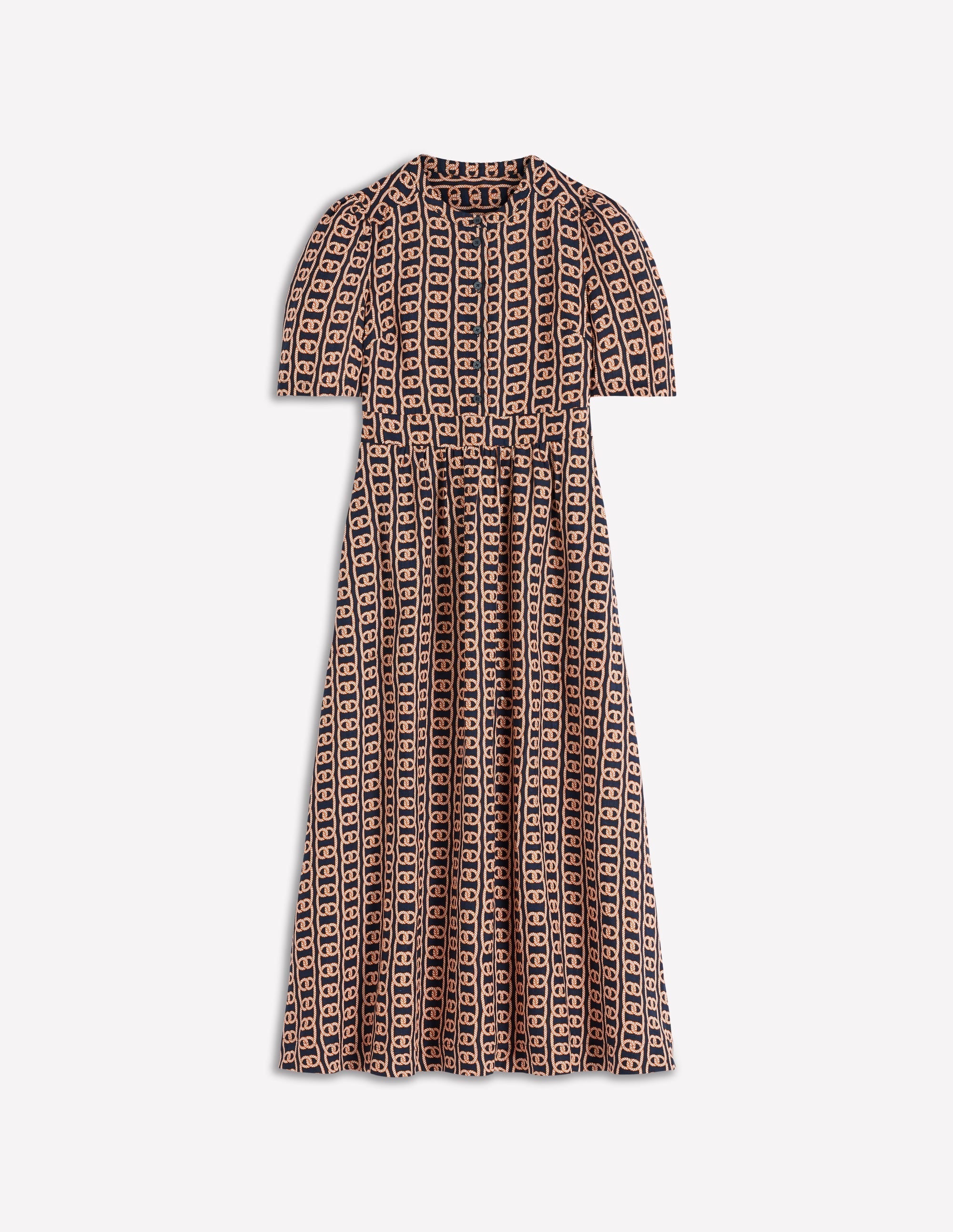Ivy Placket Linen Midi Dress-French Navy, Rope Trellis