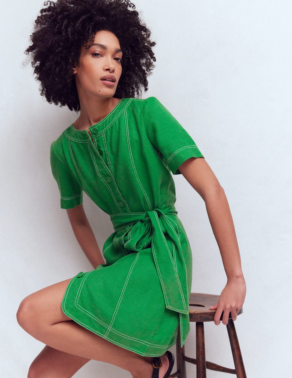 Callie Linen Short Dress-Highland Green